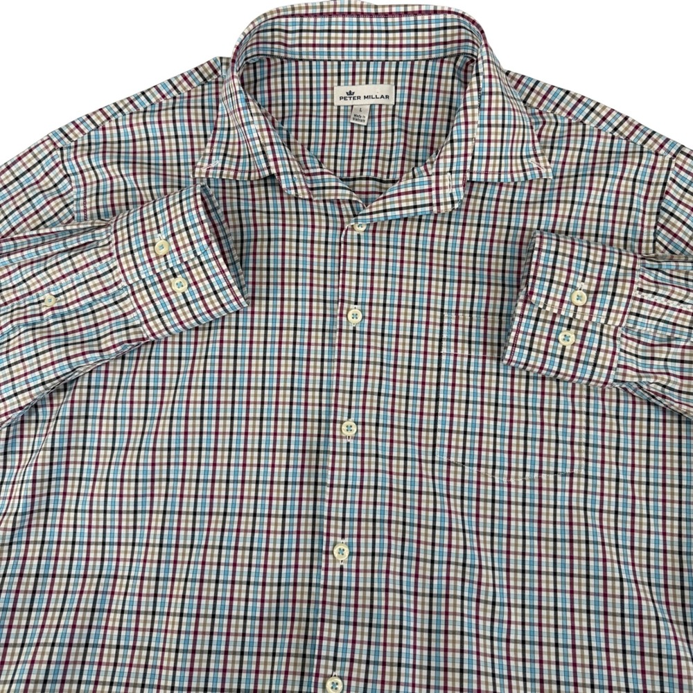 Peter Millar Crown Sport Mens L Blue Purple Check Performance Shirt MF18EW12BL - Picture 1 of 12